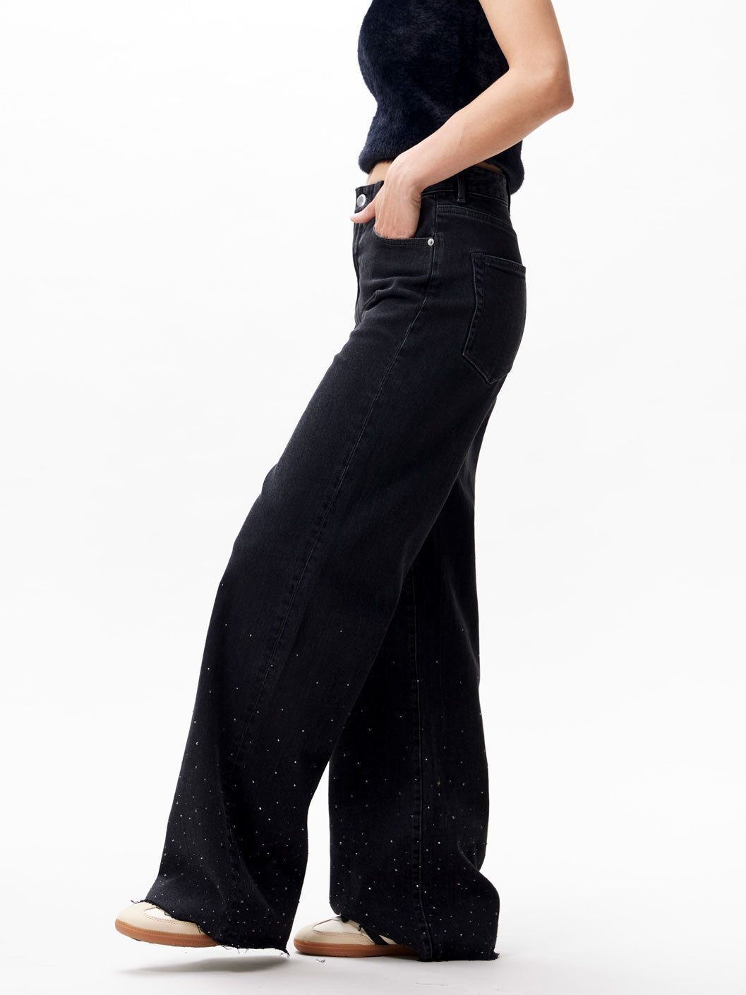 Loose fit jeans met metallic strass | Washed Black