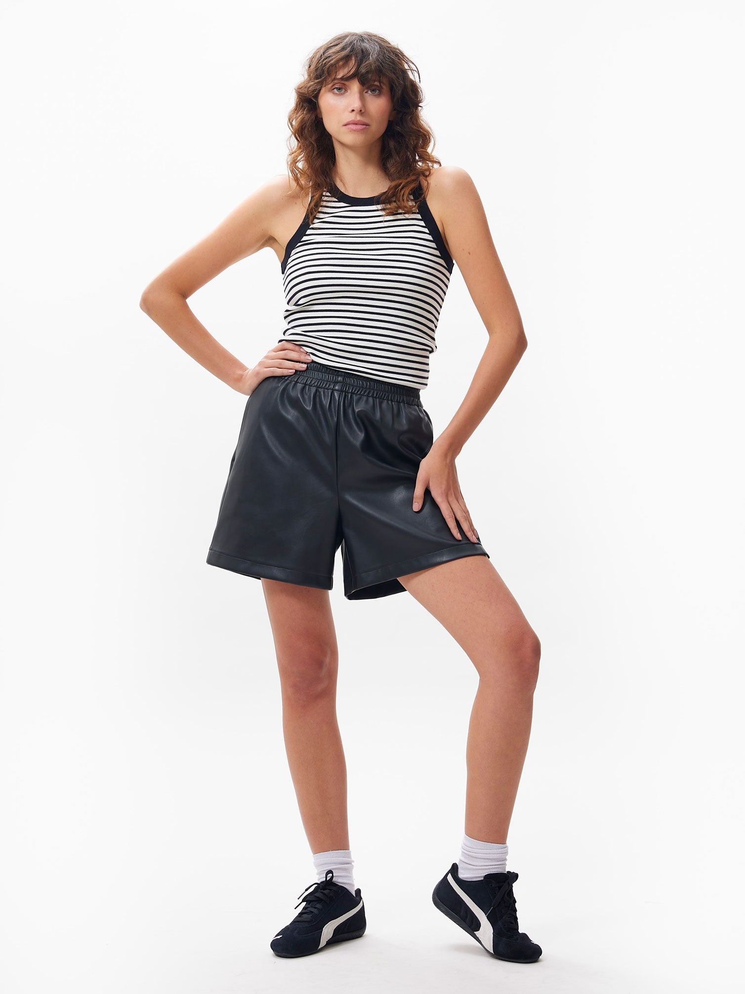 【U LAN】Rania banding leather shorts QIANXIZHAN Women's Leather Shorts, Faux High Waisted Wide