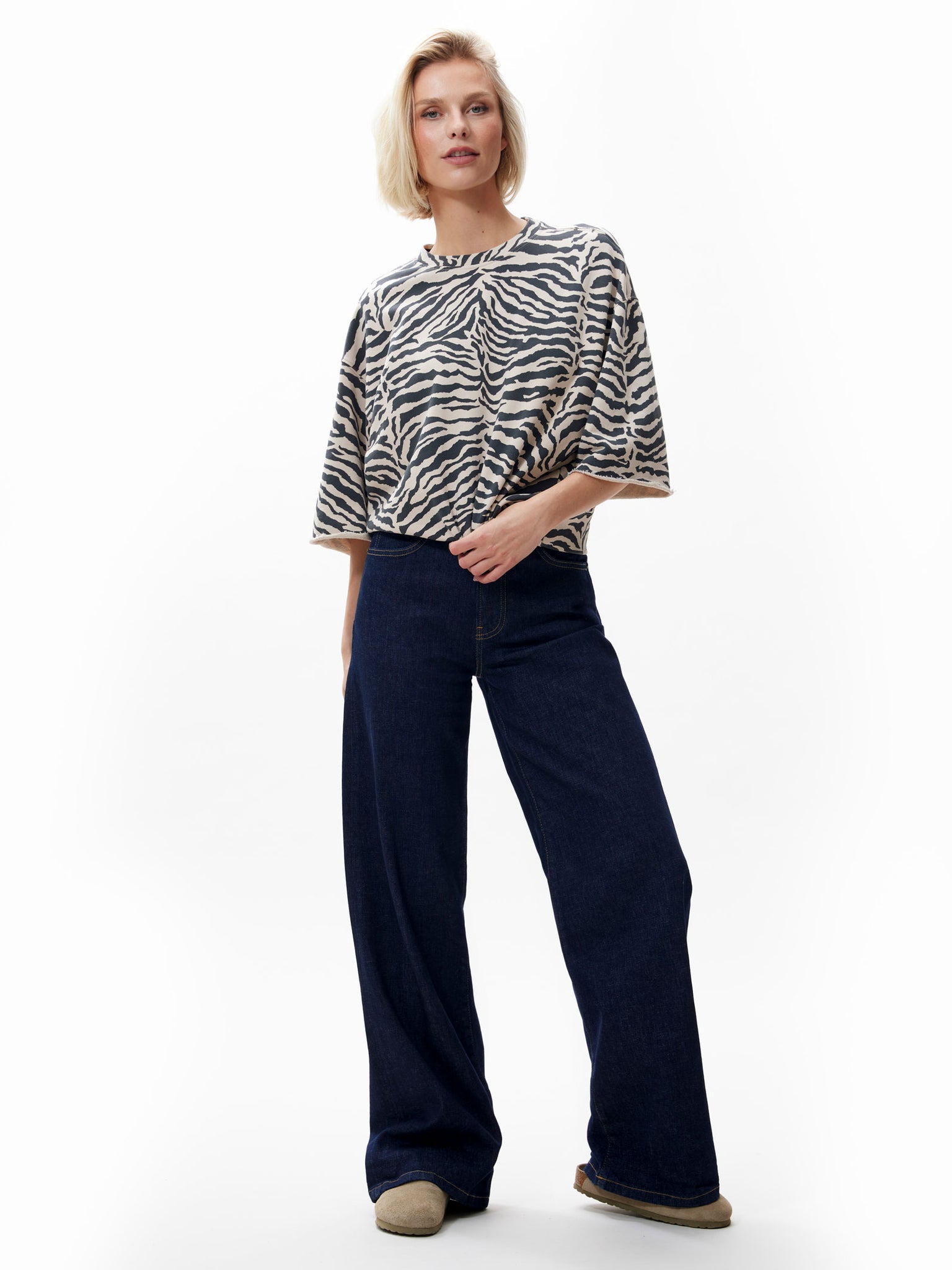 Zebra sweater met korte mouw | Sand