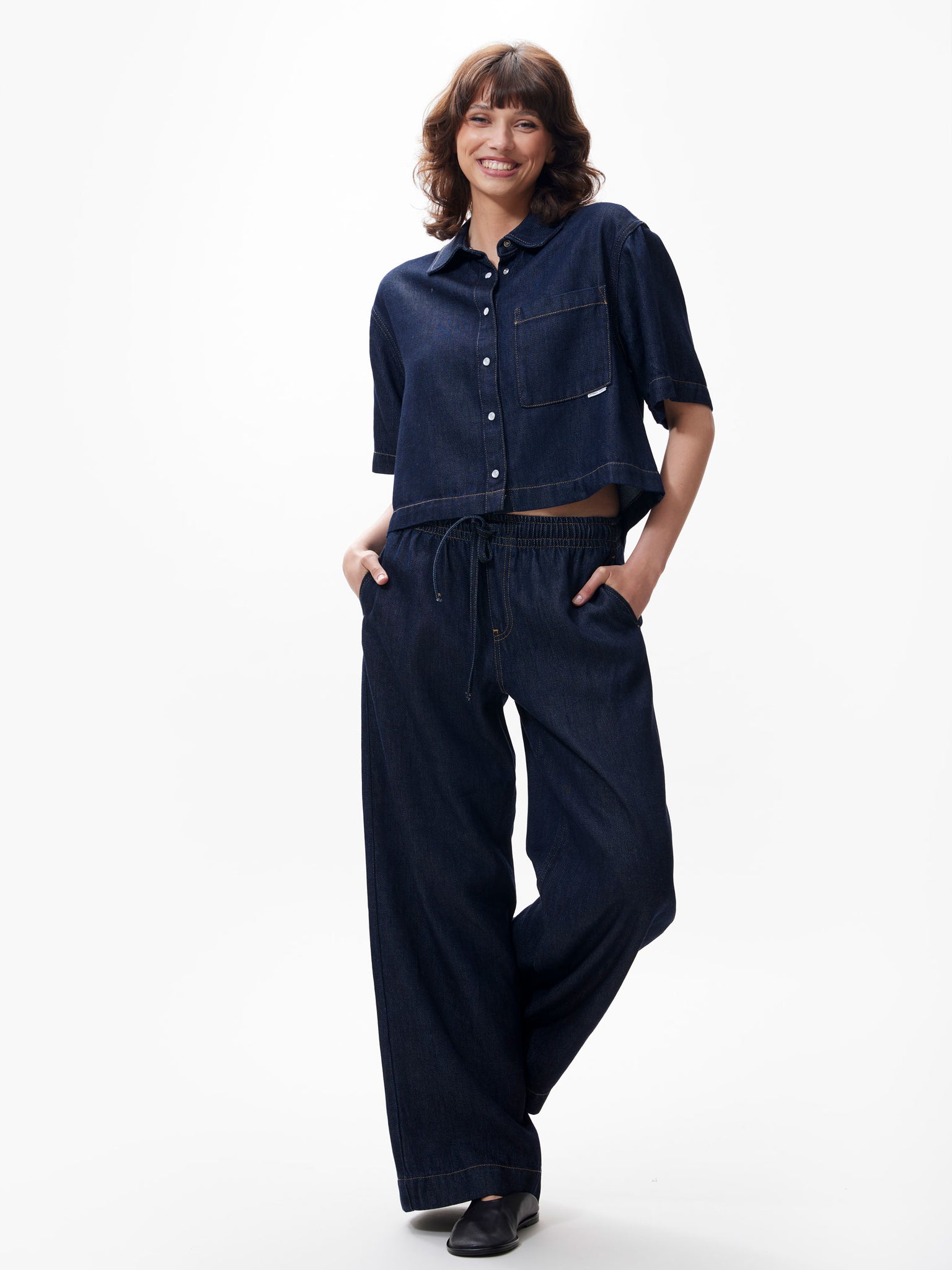 Denim blouse met korte mouwen | Dark Blue