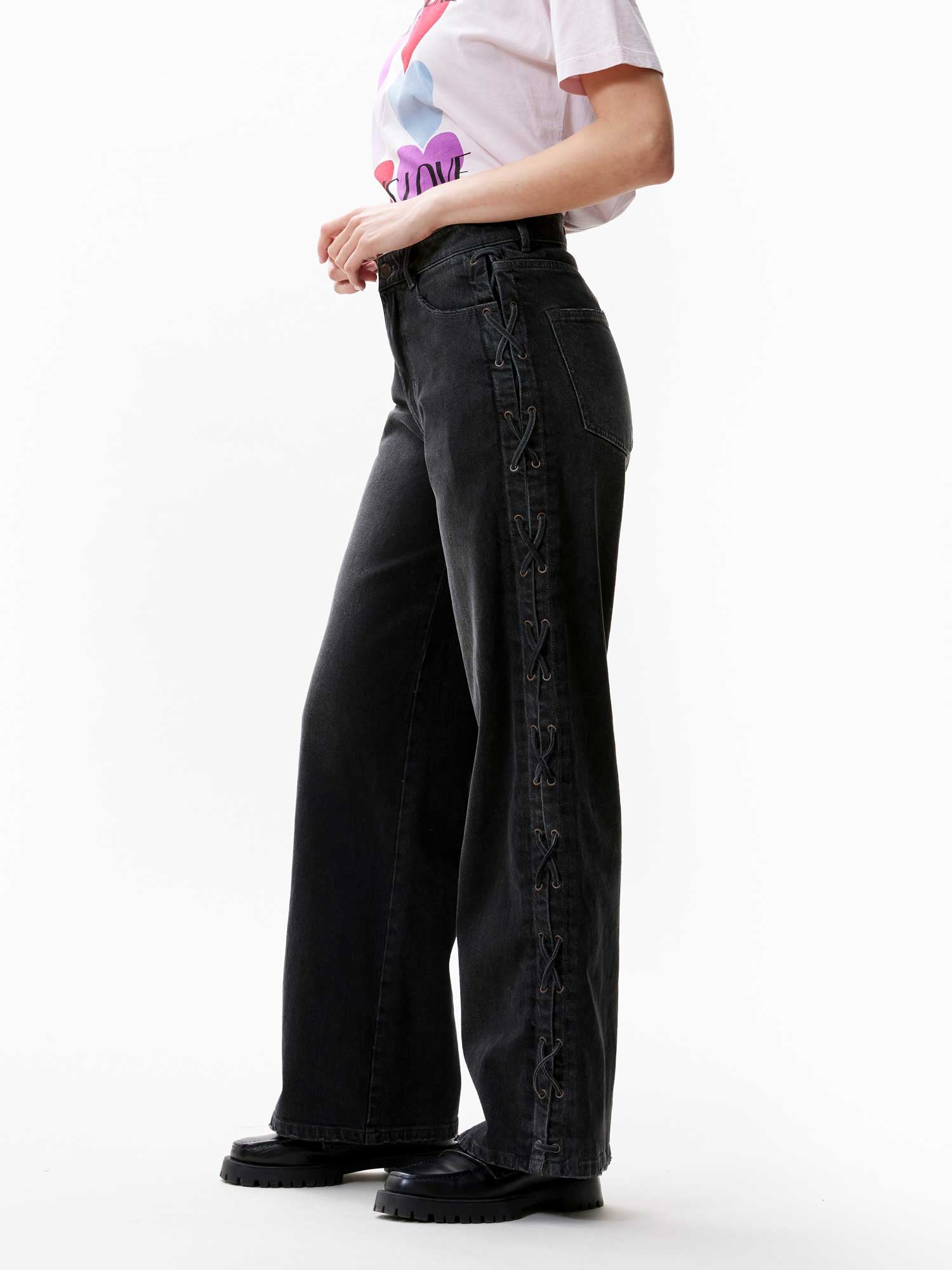 Loose fit jeans met veter detail | Washed Black
