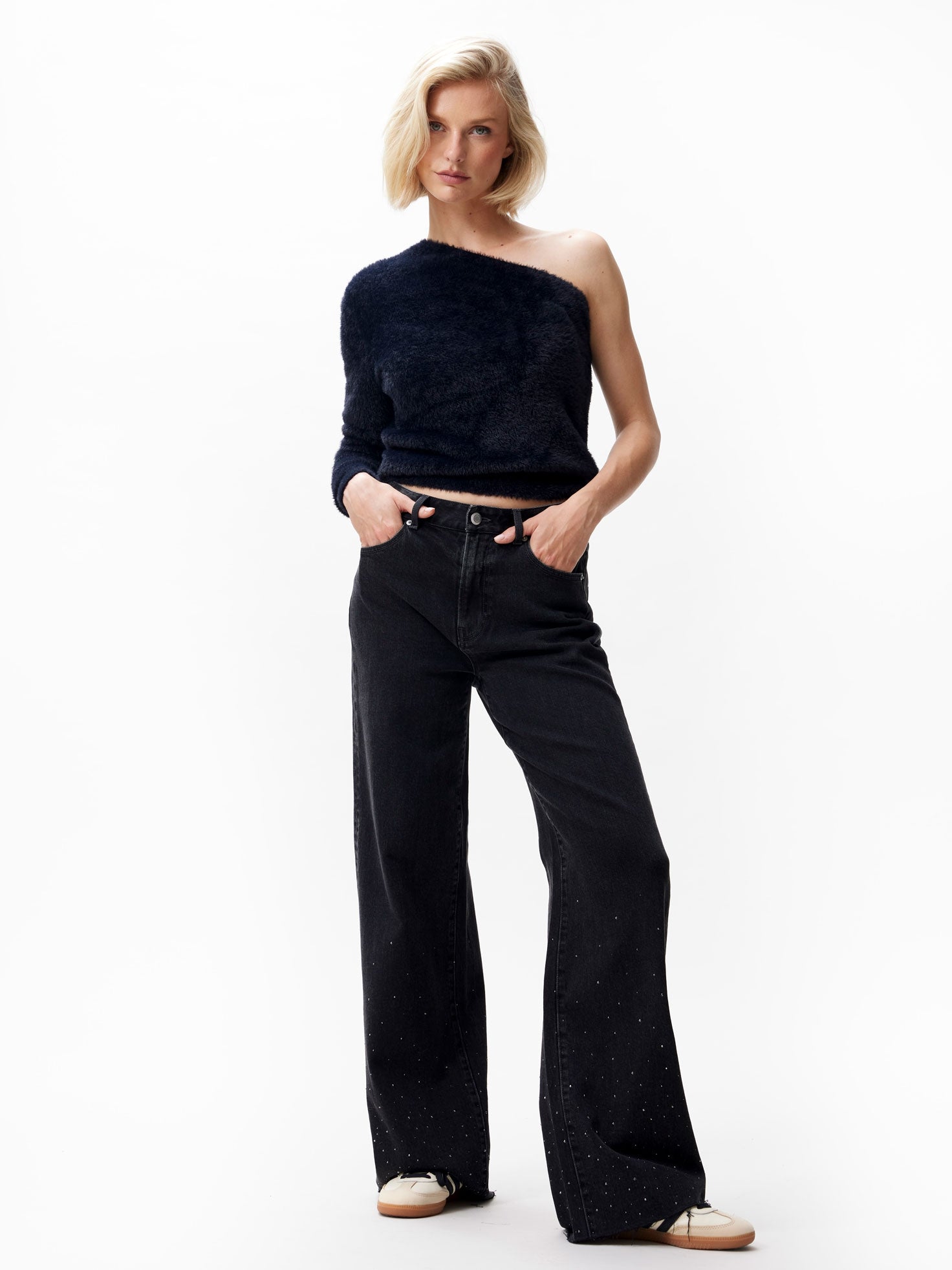 Loose fit jeans met metallic strass | Washed Black