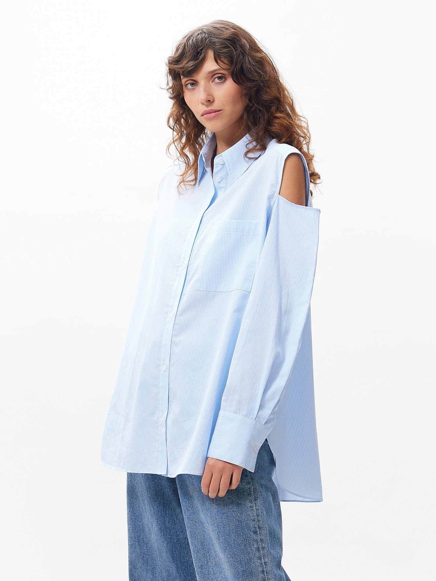 Bluse mit offenen Schultern | Chambray-Blau