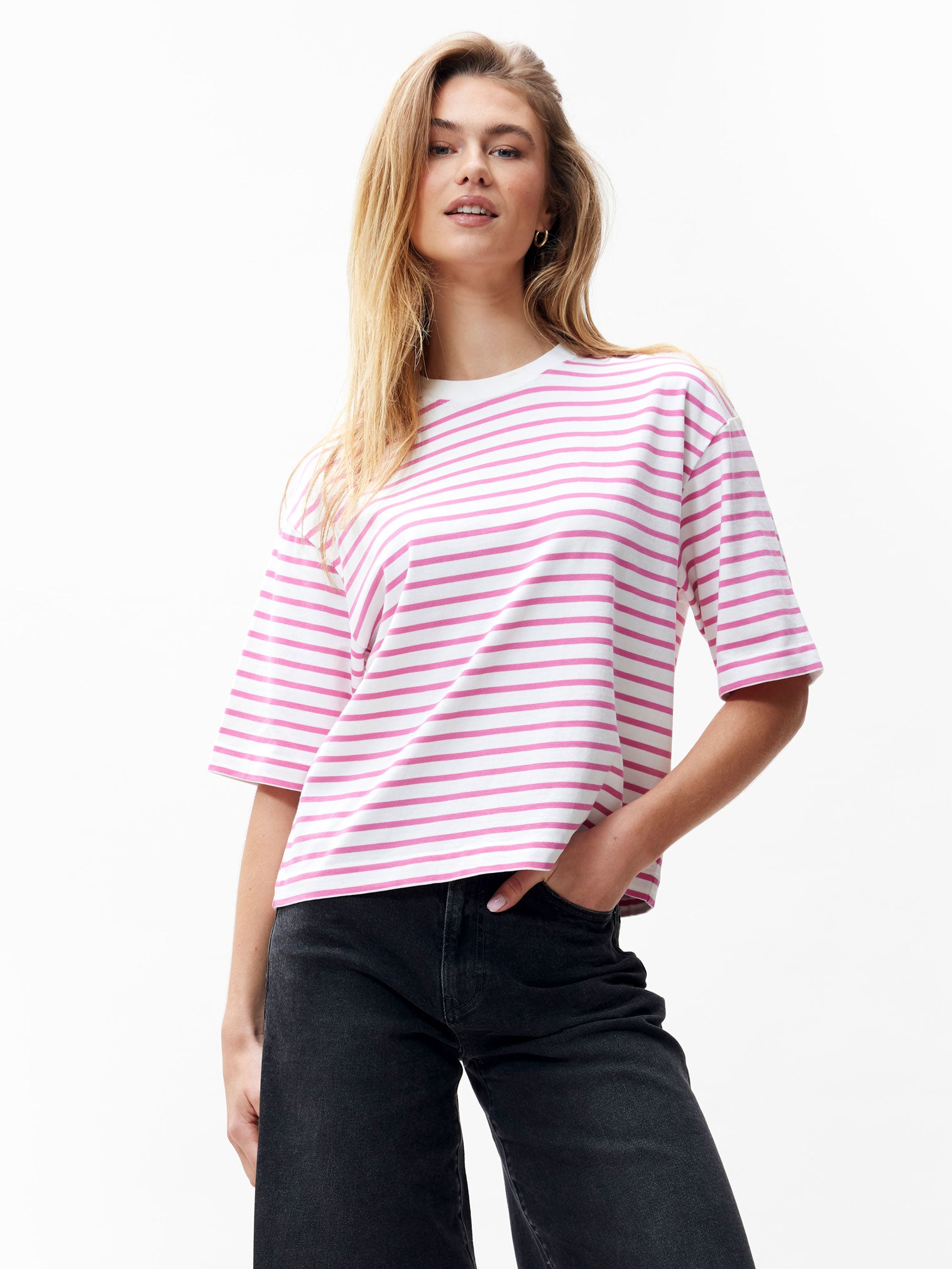 Gestreept Tshirt met losvallende pasvorm | Pink Lemonade