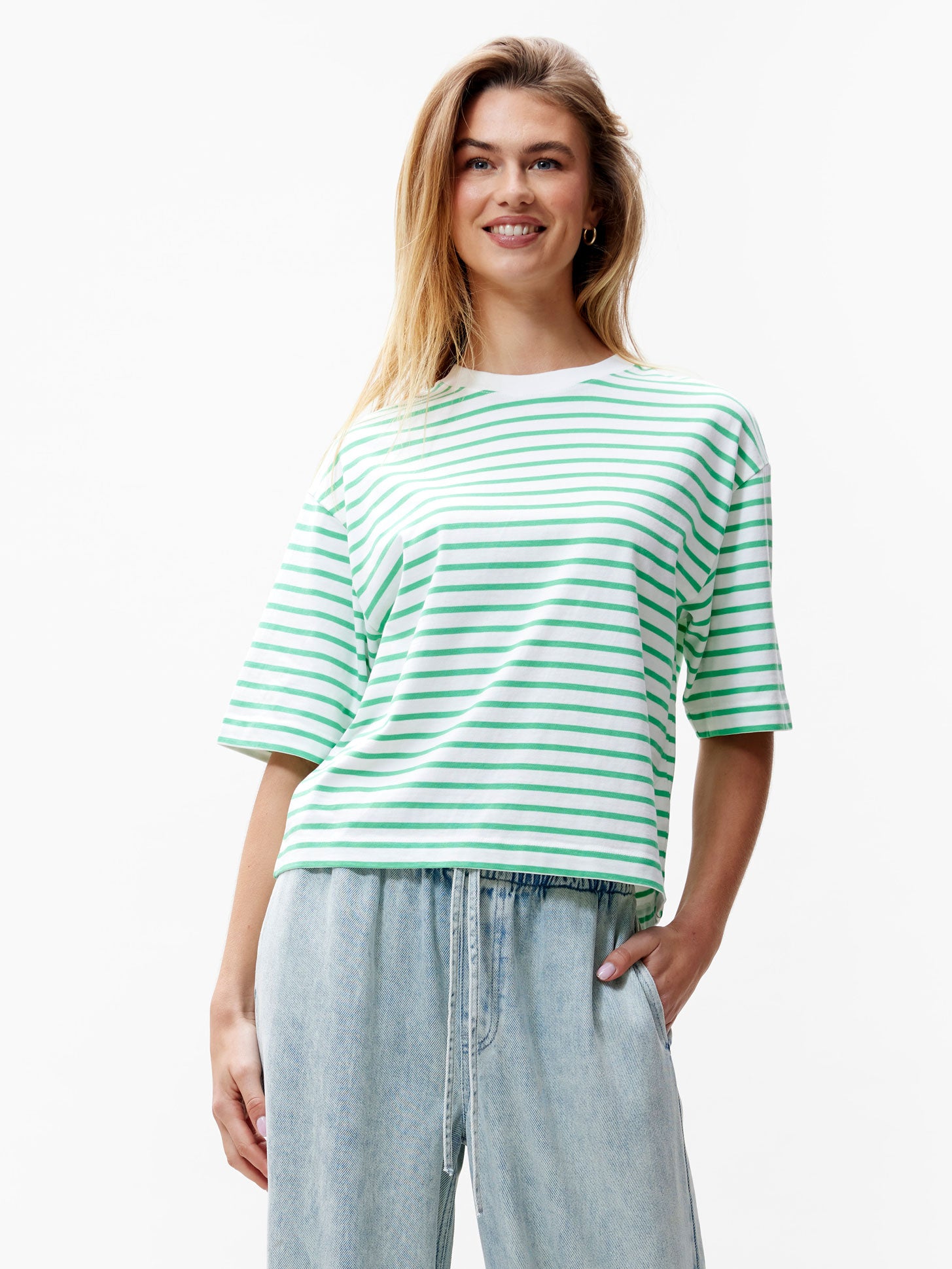 Gestreept Tshirt met losvallende pasvorm | Island green