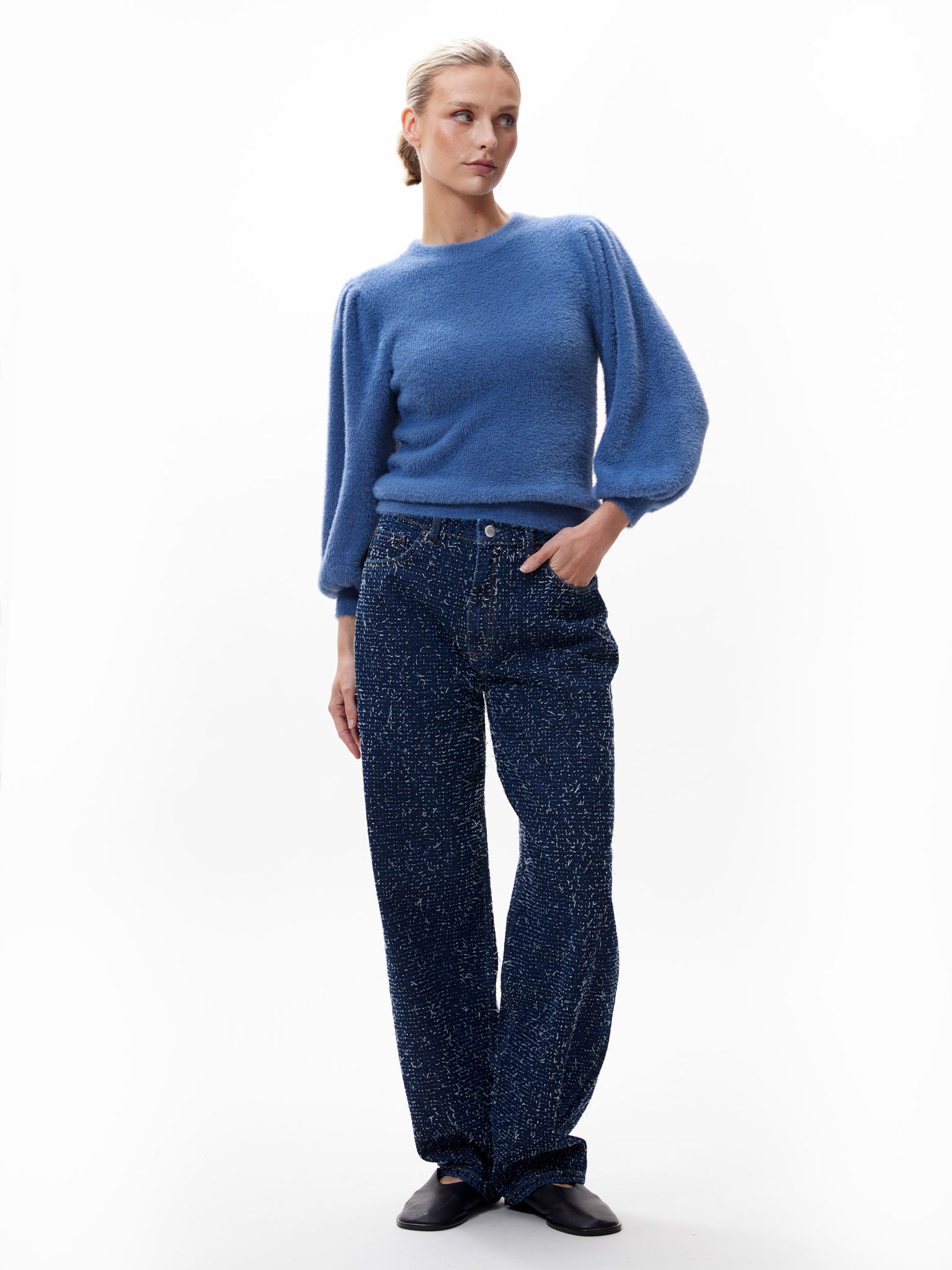 Fuzzy puff sleeve knit | Bijou Blue