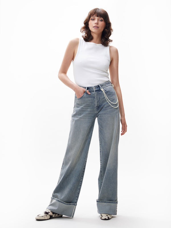 Loose fit jeans with fold | Tinted Blue