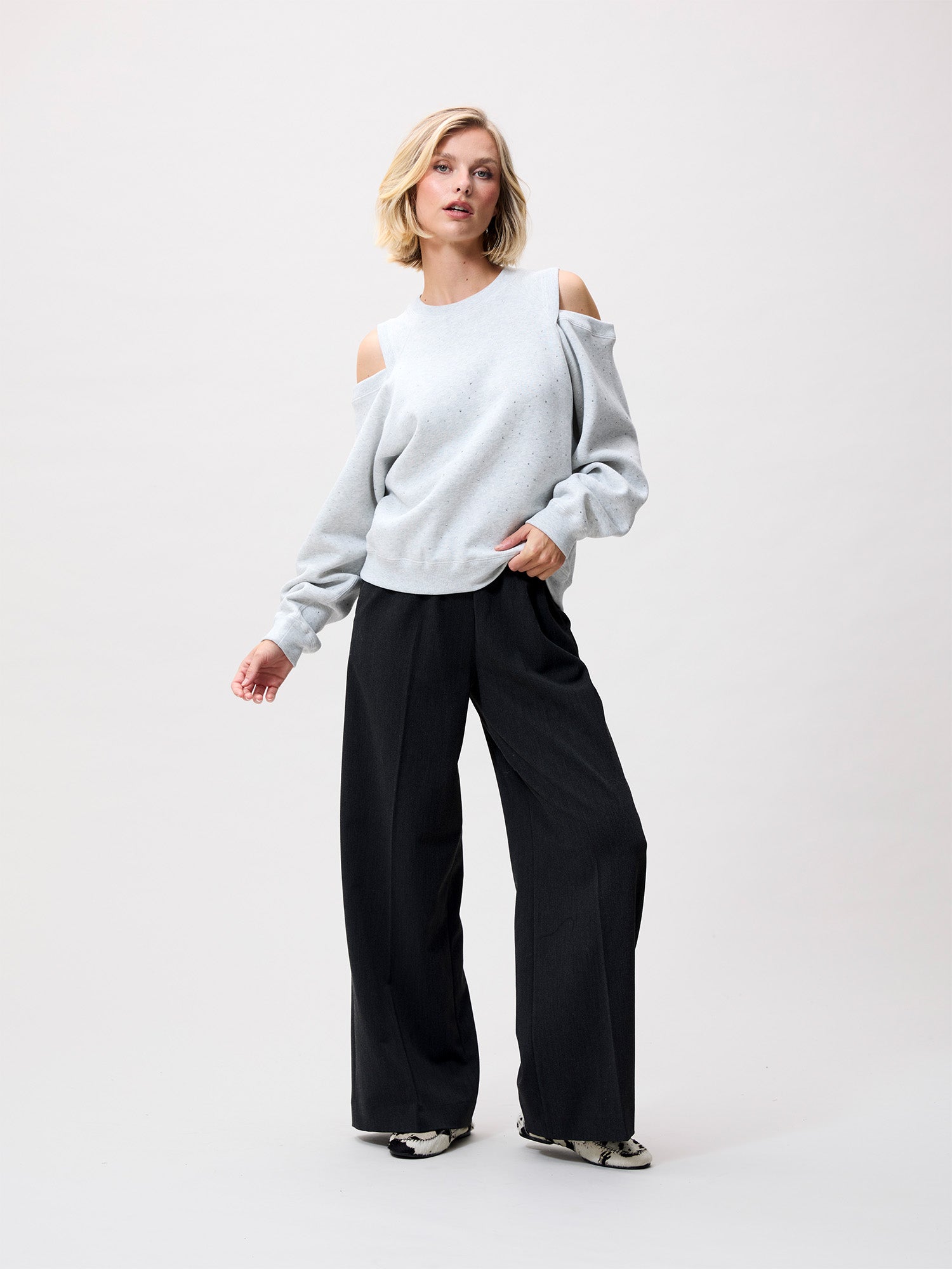 Sweater met strass en open schouders | Light Grey Melange