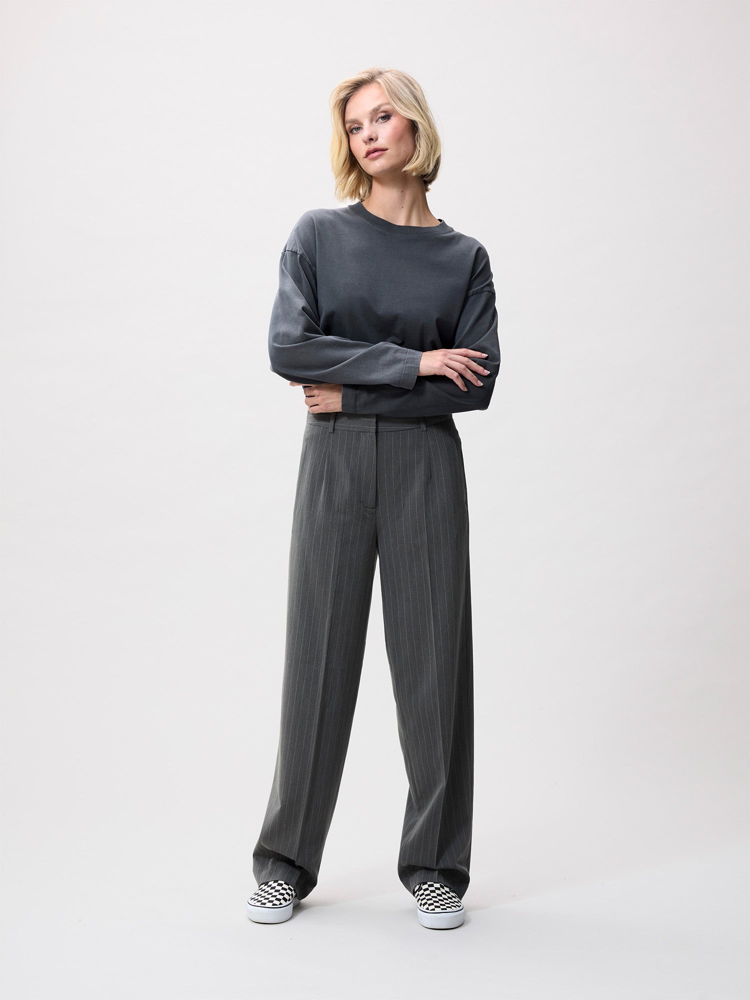 Pinstripe tapered trousers | Grey Melange