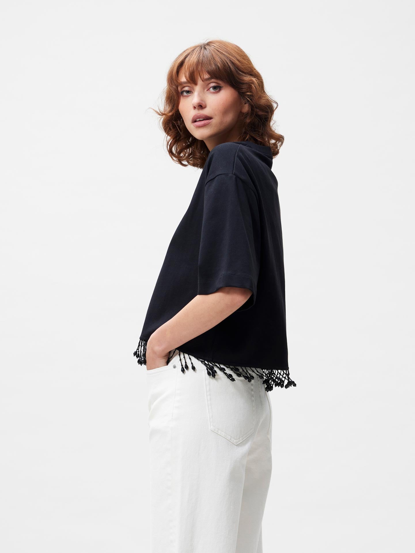 Beaded fringed Tshirt | Black