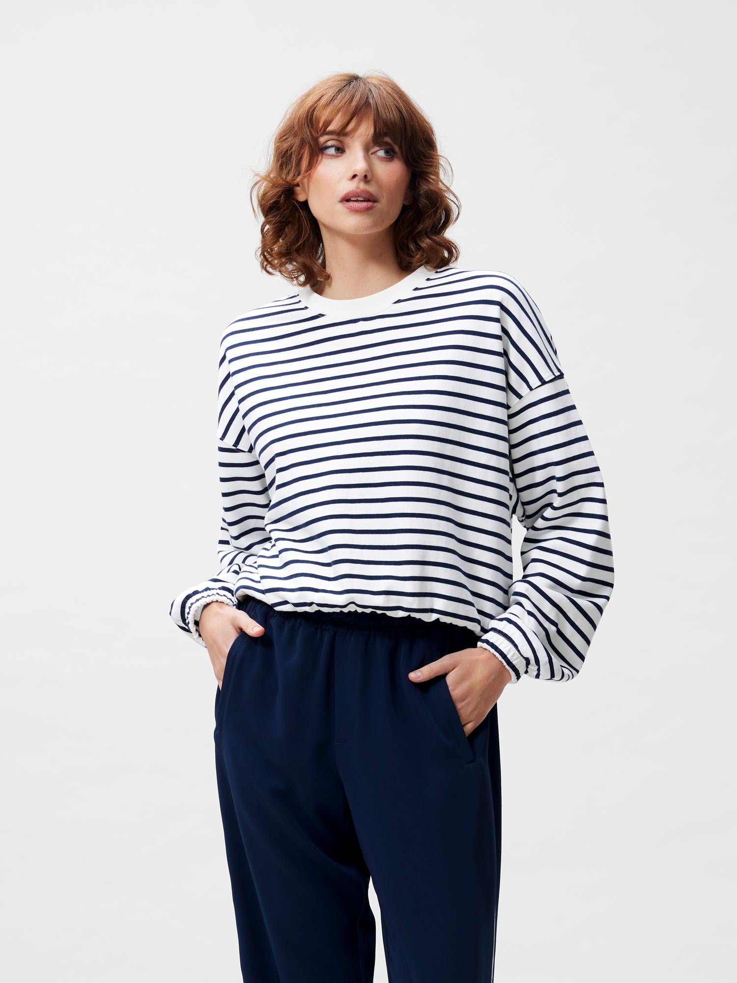 Gestreepte sweater met elastieke onderkant | Navy Blazer