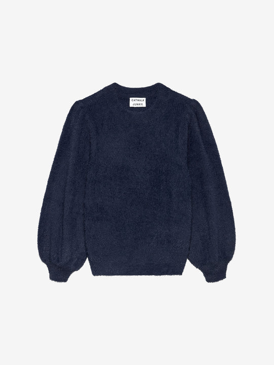 Fuzzy puff sleeve knit | Navy Blazer