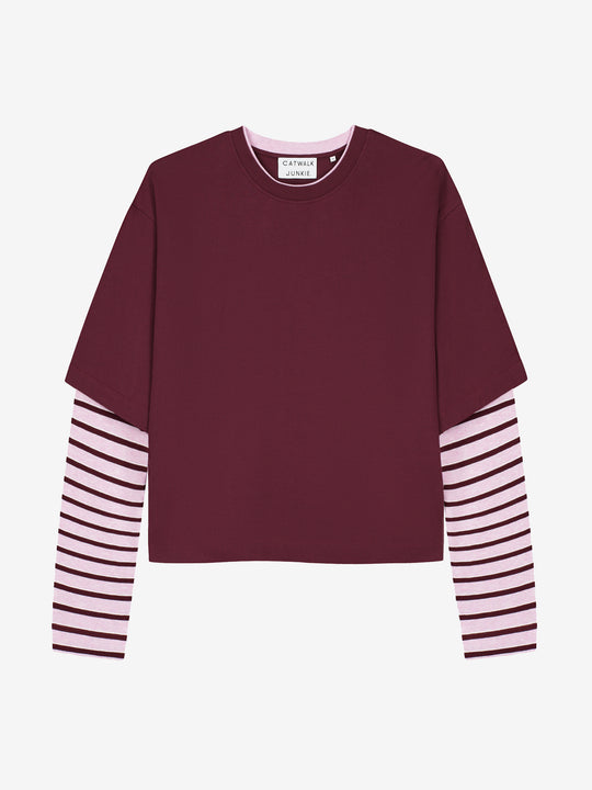 Loose fit Tshirt with striped sleeves | Merlot