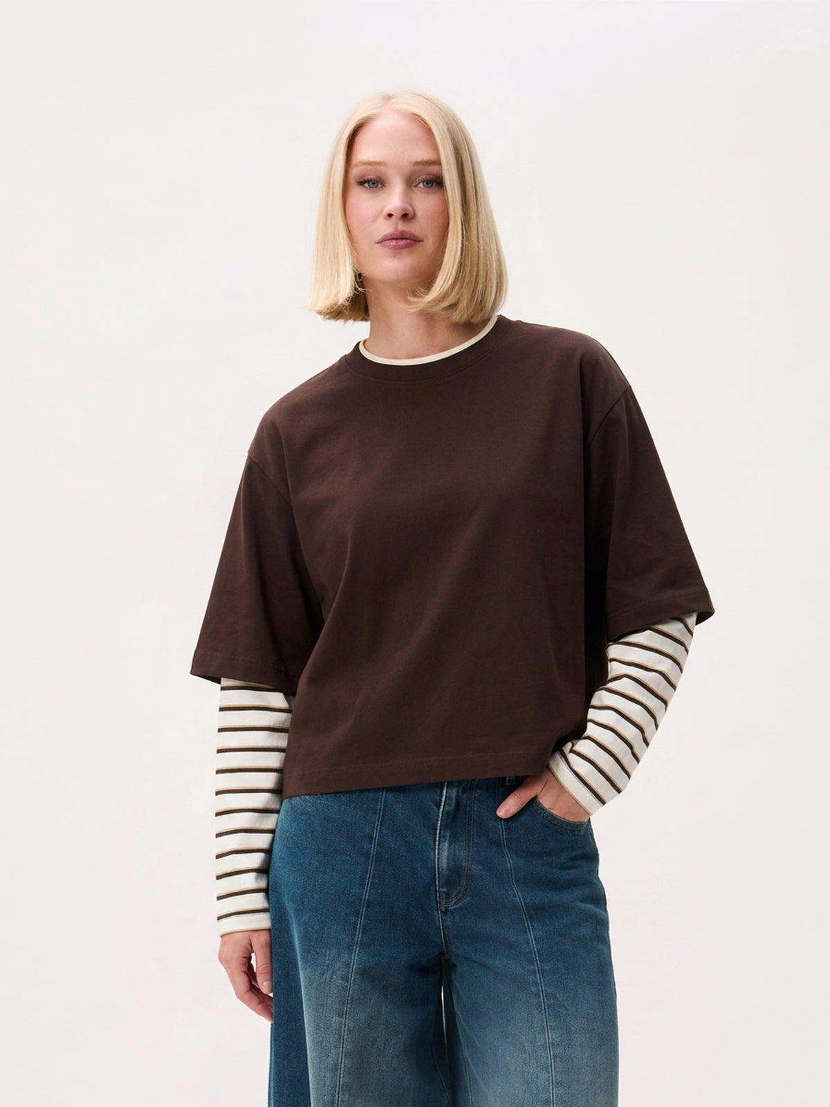 Loose fit Tshirt with striped sleeves | Dark Cacao