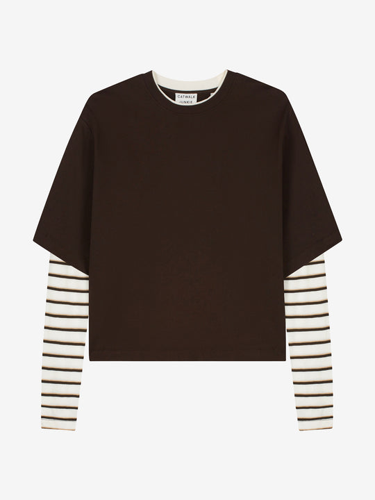 Loose fit Tshirt with striped sleeves | Dark Cacao