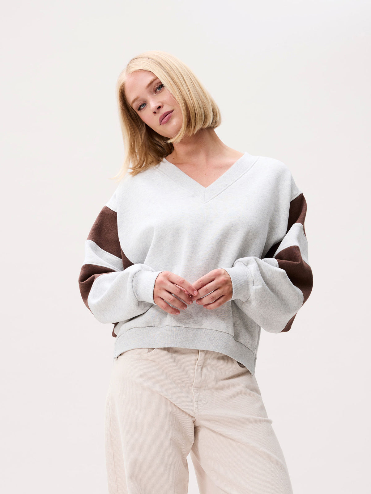 Sporty Vneck sweater | Light Grey Melange