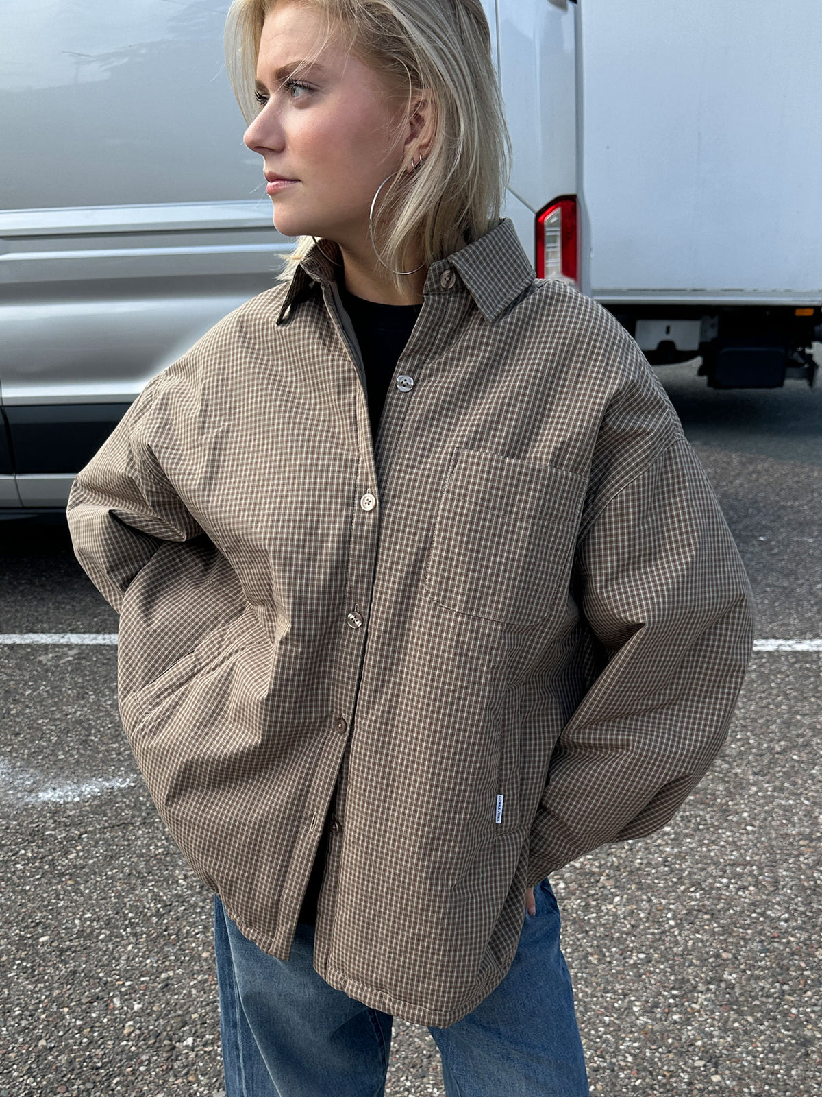 Light padded check jacket | Caramel