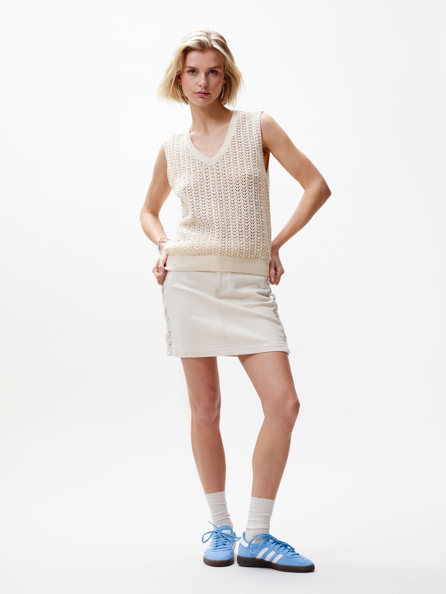 Gebreide top met parel studs | Whisper White