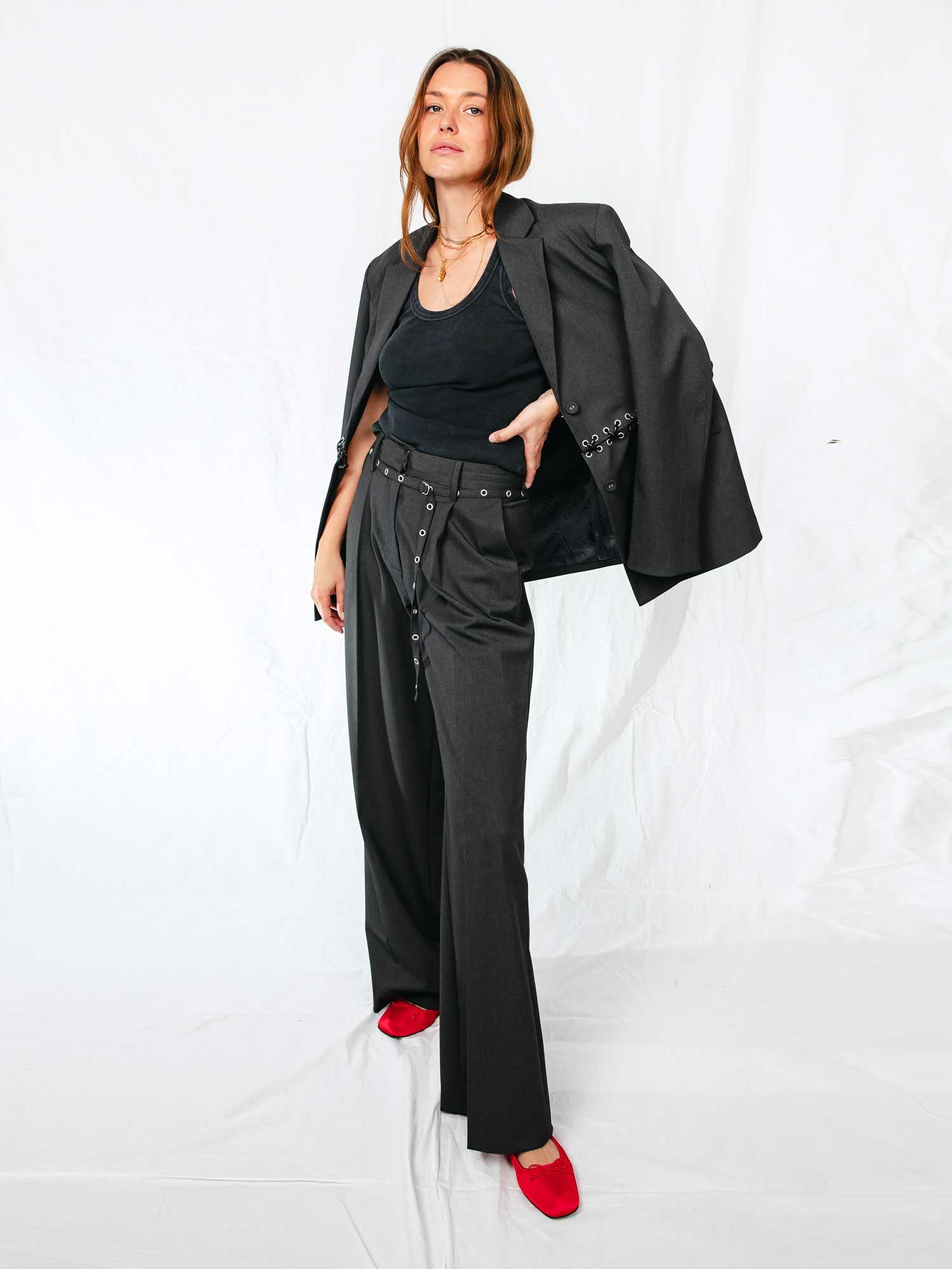 belted straight leg tailored pants | Dark Grey Melange